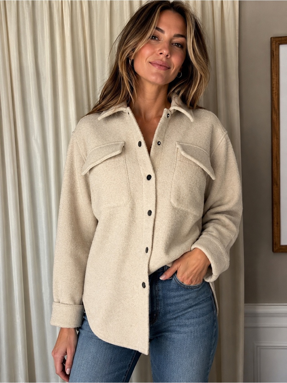 & After Beige Button-Front Wool Blend Shacket